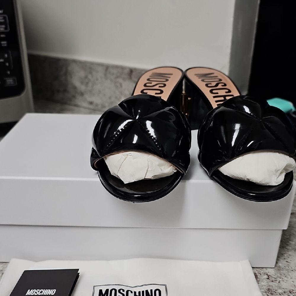 Moschino Black Patent Leather Mules